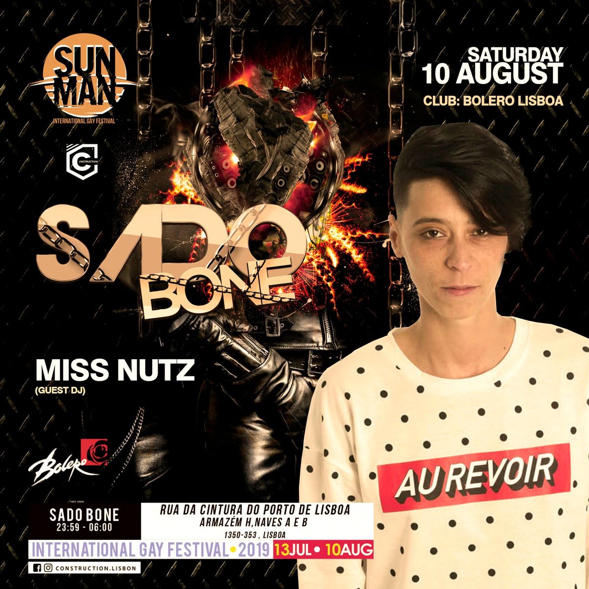 DjNunoScuba's tweet photo. Sábado 10 Agosto // Festa SADO BONE // Encerramento do festival Gay de Verão SUNMAN - by Construction Lisbon Club.

Line up: 

Binomio (WE Party Resident DJ)
Rodolfo Bravat (International Guest DJ)
Miss Nutz (Guest DJ)
Nuno Scuba (Construction Resident DJ)

No Bolero as 23h59! https://t.co/ozdeeKd56y