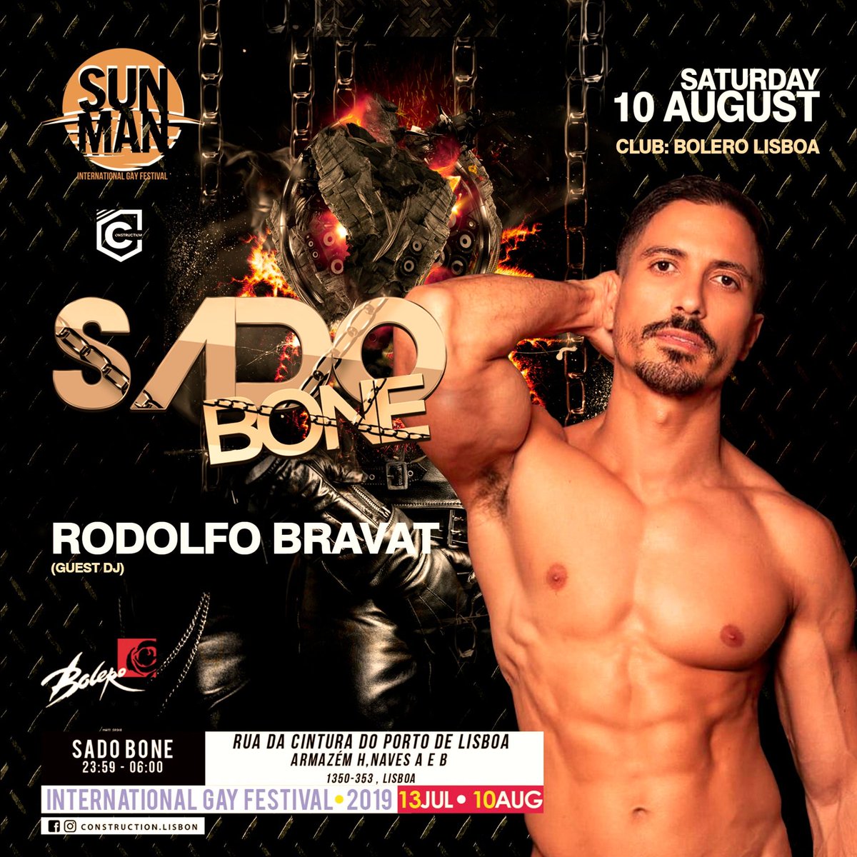 DjNunoScuba's tweet photo. Sábado 10 Agosto // Festa SADO BONE // Encerramento do festival Gay de Verão SUNMAN - by Construction Lisbon Club.

Line up: 

Binomio (WE Party Resident DJ)
Rodolfo Bravat (International Guest DJ)
Miss Nutz (Guest DJ)
Nuno Scuba (Construction Resident DJ)

No Bolero as 23h59! https://t.co/ozdeeKd56y