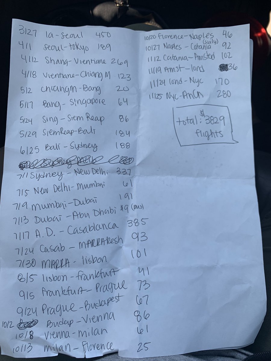 55mmbae's tweet photo. Been working towards doing an around the world trip next year. Someone recommended a site where you build your itinerary and plug in your time frame &amp; it gives you a flight cost estimate. They priced around 11K. That seemed ridiculous so I did myself. 
Got $3829. Not bad. lol https://t.co/m2cu0Isbqk