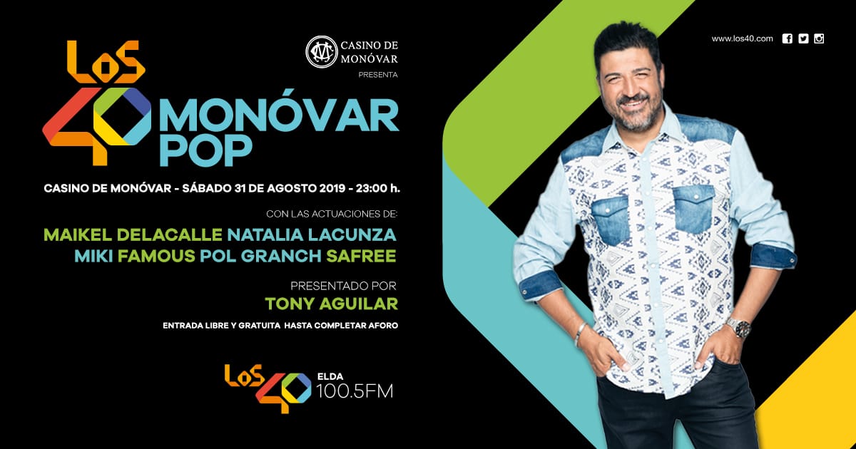 El 31 de agosto llega #LOS40MonóvarPop con las actuaciones de: 

<a href="/MaikelDLacalle/">Maikel Delacalle</a>
@natalialot2018
@mikiot2018
@famousoOT2018
<a href="/polgranch/">Pol Granch</a>
<a href="/Safreeoficial/">S∆FRΞE</a>

¡Acceso libre y gratuito hasta completar aforo! <a href="/Los40Elda/">LOS40 Elda</a> #CasinoDeMonóvar