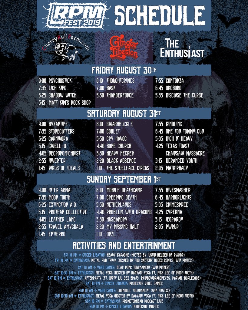 RPMFest's tweet photo. The full RPM Fest 2019 Band and Entertainment Schedule is here!  Go to https://t.co/WSdZdx3xvd to save the schedule to your mobile device so you don't miss out on your favorite band.

Who or what are you most stoked to see?  Post in the comments below.⁠

#rpmfest #rpmfest2019 https://t.co/fhFMnuFhyp