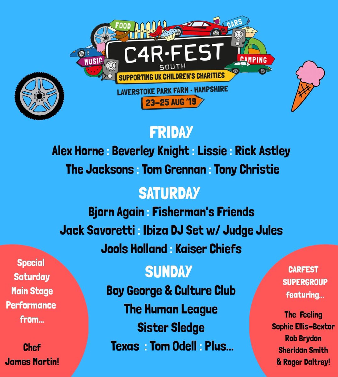 Carfestevent's tweet photo. The CarFest South @AutoTrader_UK Main Stage line-up is jam-packed with legendary music madness! Even @jamesmartinchef has tuned the guitar ready for a special guest performance on Saturday 24th August! Take a look at our full line-up reminder below…#CarFestCountdown #CarFest2019 https://t.co/ChFpOLFAHU
