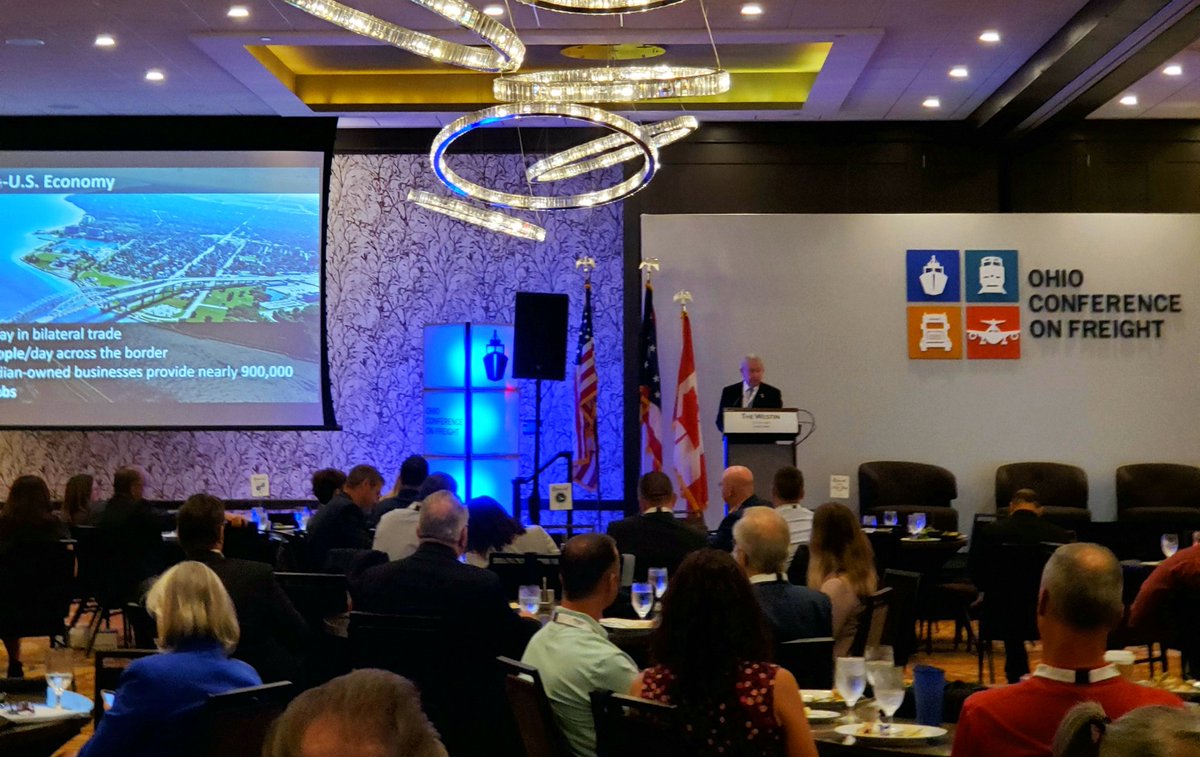 CanCGDetroit's tweet photo. 🇨🇦 and the 🇺🇲 have the closest partnership of any two countries in the world.

@CGJoeComartin is talking about our trade relationship at the Ohio Conference on Freight. 

#CanadainOhio #USMCA https://t.co/8OqvJseNBo