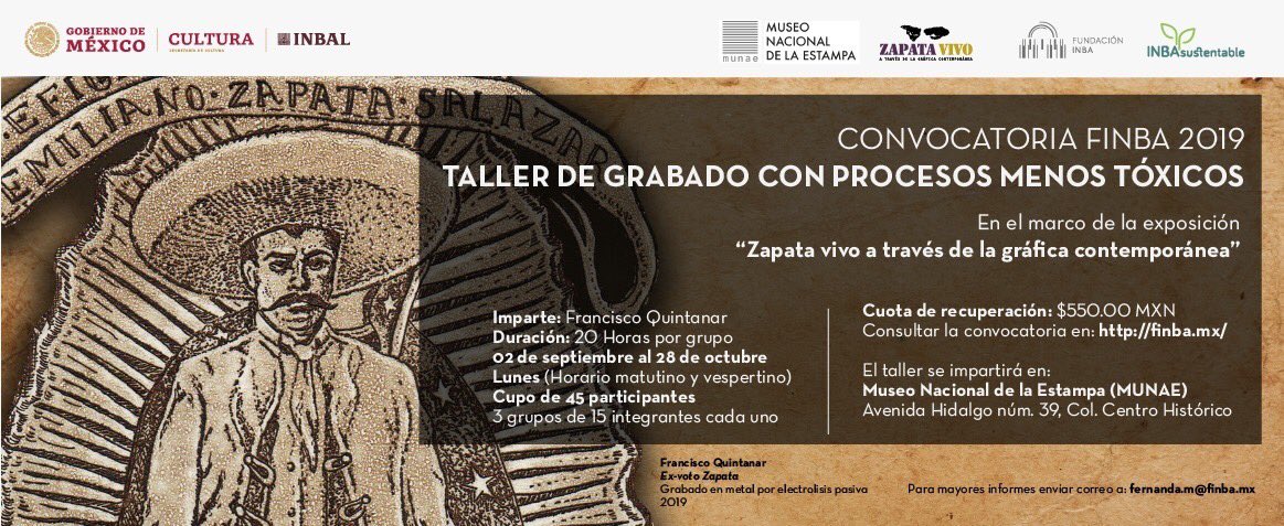 CONVOCATORIA FINBA 2019. 
Taller de Grabado con procesos menos tóxicos. #FundaciónINBA AC, a través de su Programa #INBASustentable, en colaboración con el #MuseoNacionaldelaEstampa, convocan a artistas mexicanos a participar en el Taller de Grabado con procesos menos tóxicos: