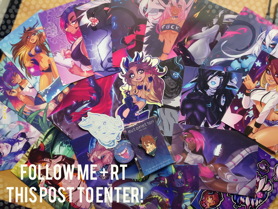 Helixel's tweet photo. 🍾✨GIVEAWAY time! ✨🍾 
The prize is hella special 👀 All of these were previously Patreon exclusive. (sans the enamel pin + sticker sheet)

Prize: 17 signed + numbered mini prints, enamel pin, LE holo stickers, Sticker sheet + badge.
RT + Follow to enter! https://t.co/jw7OXa3gQa