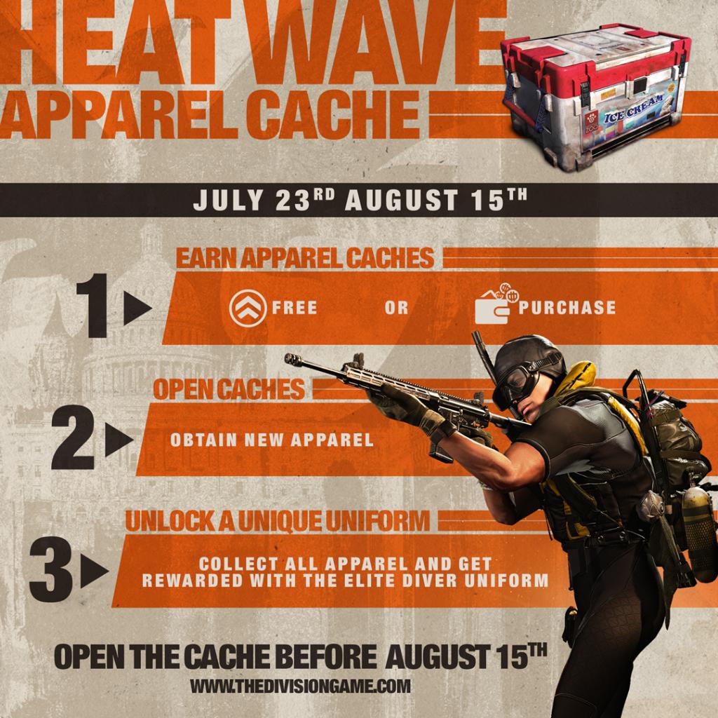 Agents! You have one more week to earn keys from in-game activities for Apparel Event Heat Wave! Remember you can still log in to claim your free key before the event ends. Open those caches and share your apparel with us using #TheDivision2Photos >> ubi.li/A6fPC