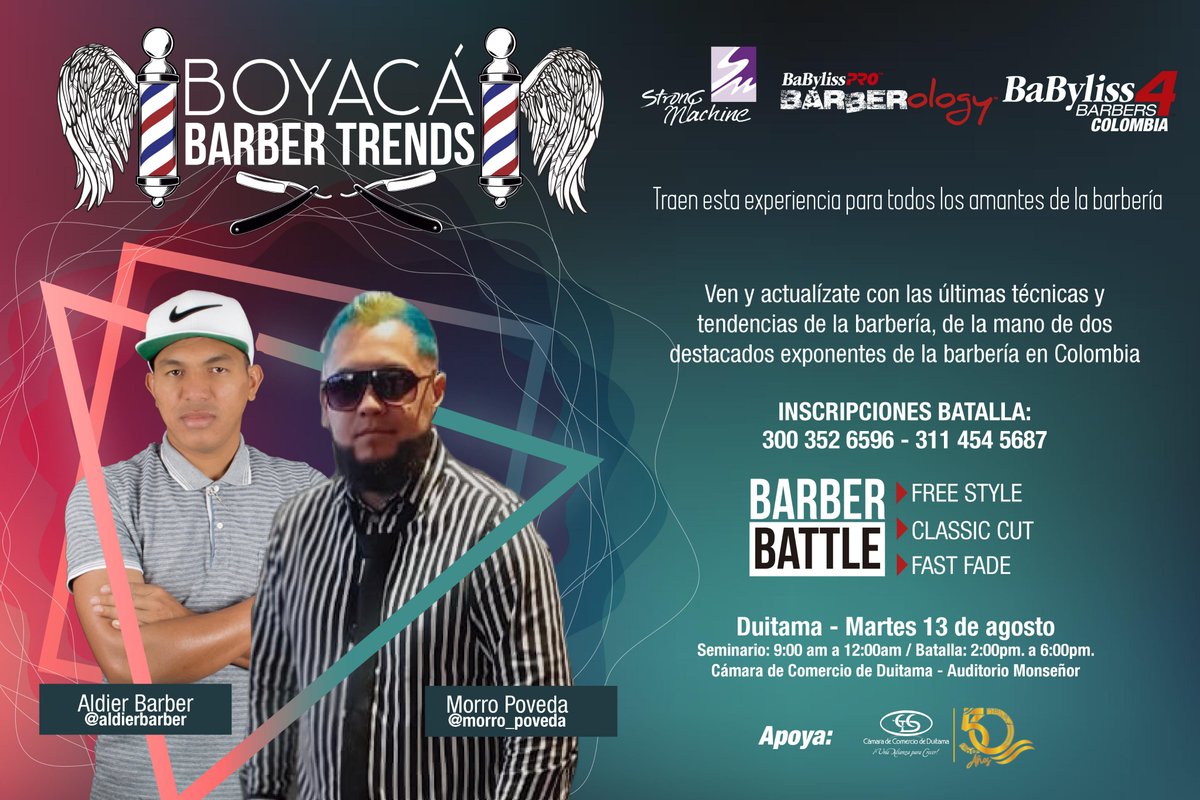 camaraduitama's tweet photo. 🔝🔝Actualízate en las últimas técnicas y tendencias de la barbería de la mano de dos grandes exponentes #ALDIER y @MorroPoveda este martes 13 de #Agosto en #BoyacáBarberTrends desde las 8:00 a.m.👉 Inscríbete en la batalla--> 300 352 6596 - 311 454 5687 | Lugar: @camaraduitama https://t.co/e58HcvwMta