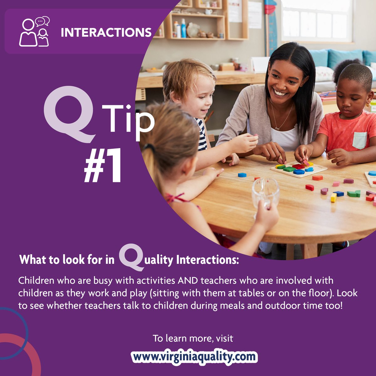 unitedwayswva's tweet photo. Look for children who are busy with activities AND teachers who are involved with children as they work and play (sitting with them at tables or on the floor). Look to see whether teachers talk to children during meals and outdoor time too! #QualityTipsVA https://t.co/qxOeyRvPnc