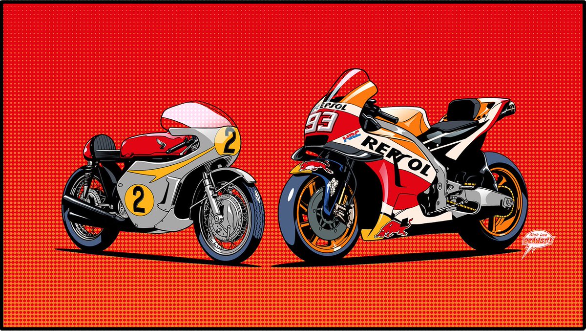richleedraws's tweet photo. An unused panel from the Rumble Strip project I’ve been working on for Dorna. Honda RC181 and RC213V
.
..
#illustrator #illustration #drawing #drawings #moto #motogp #motoart #motorcycles #rumblestrip #comics #honda #rc181 #rc213v #marquez93 #marcmarquez #mm93 https://t.co/5n3ZMSubPd