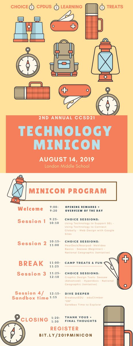 aliciaduell's tweet photo. 6 days until the @ccsd21 Summer Technology MiniCon! Check out sessions offered by district educators AND even a few sessions from @NatGeoEducation: https://t.co/EBW08yVfhK. Getting ready for campout-themed fun! #21MiniCon #21Learns https://t.co/XOlpc00TUe