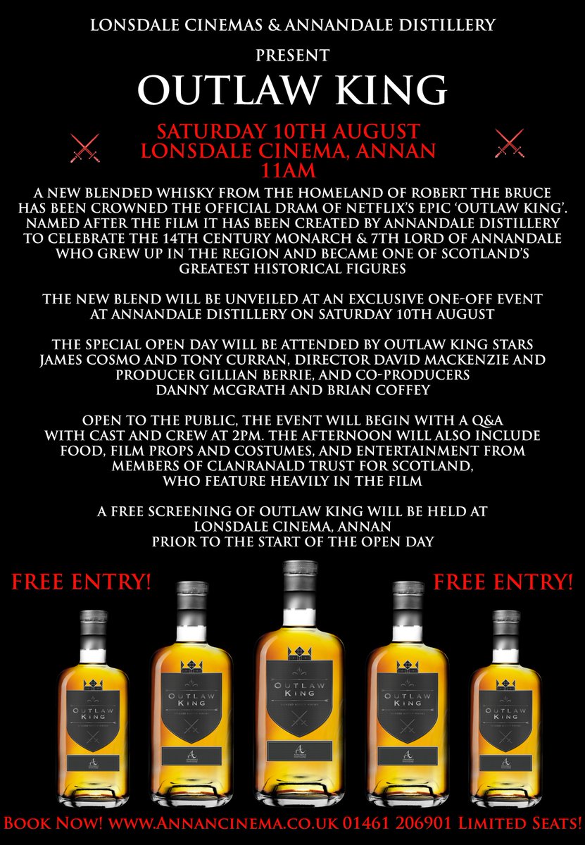 AnnandaleDstlry's tweet photo. We are launching our New Outlaw King Blended #Scotch Whisky this Saturday. It's a free event with a screening of the film @AnnanLonsdale and festivities back at the distillery afterwards.

#outlawking #sigmafilms #blend #movies #films #whisky #singlemalt #manosword #manowords https://t.co/rPzYDxtOpH