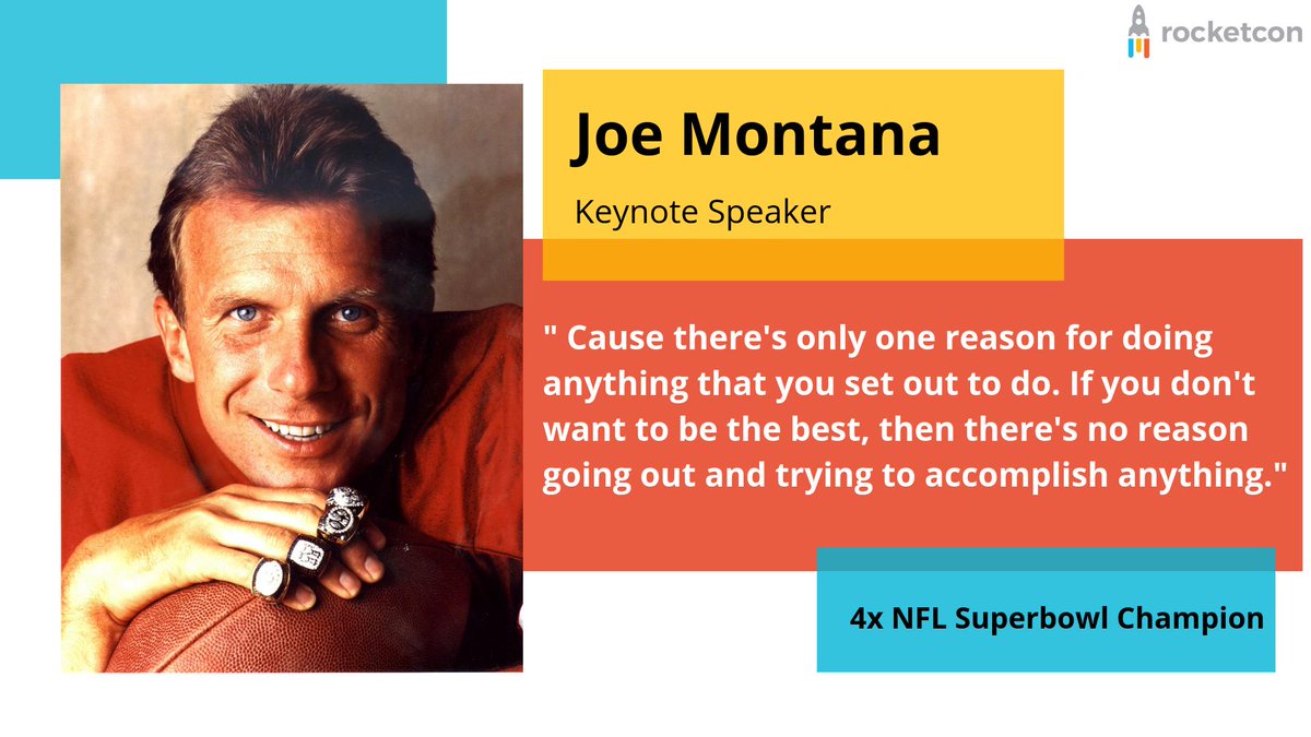 TheRocketCon's tweet photo. Introducing our keynote speaker Joe Montana, a 4 time NFL #Supebowl champion, who will be talking about “the Strategy of Winning”. Get a chance to meet him in person at #RocketCon 2019. Apply to Attend https://t.co/OF6Bjua01p
#JoeMontana #winning #Strategy #NFL #Champion https://t.co/4UeAAoqXmP