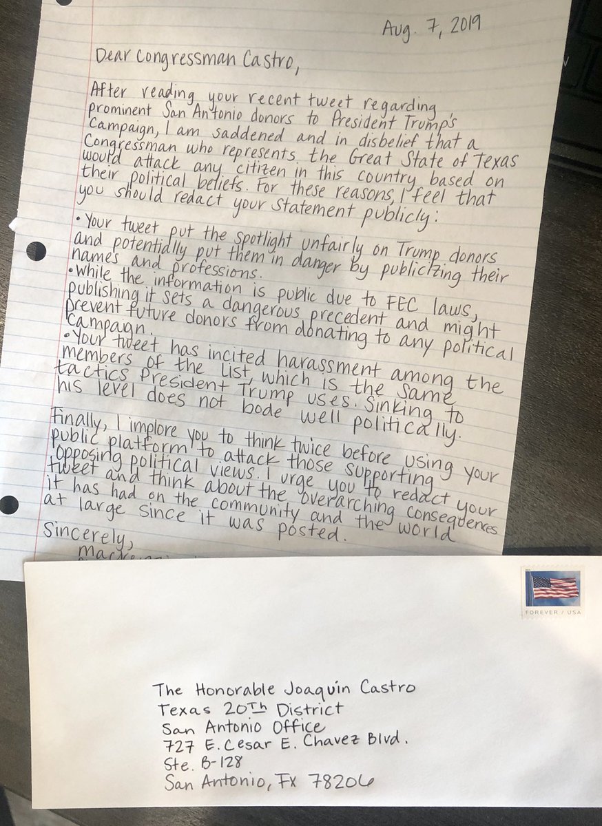 mkelly007's tweet photo. I had some things to say to @JoaquinCastrotx about his tweet regarding @realDonaldTrump’s donor list, so I pulled out my trusted pen & paper. I encourage you all to do the same. #CastroResign #ImpeachJoaquinCastro #notmycongressman https://t.co/kXb5ACL30u