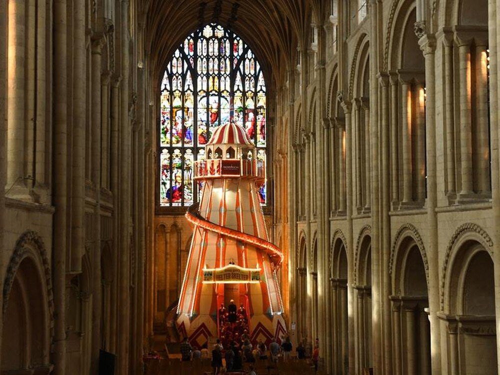 Stev_Catholics's tweet photo. Norwich cathedral (Helter Skelter) and Rochester (Mini Golf in the nave). Is this really where #mission #openingdoors #outreach has to go to appeal to future parishioners? Or is this #blasphemy #desecration ? Should the Catholic Church do as the Church of England is doing here? https://t.co/vcr8I0UVaQ