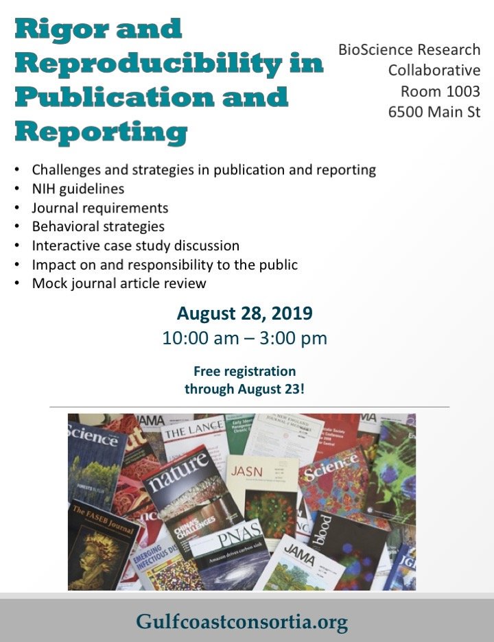 GCCRandR's tweet photo. Our next Rigor and Reproducibility Workshop is on August 28, 2019. Attendance limited to 50. Free registration: https://t.co/g7OFlHcY2g https://t.co/7B1uXIsT9M