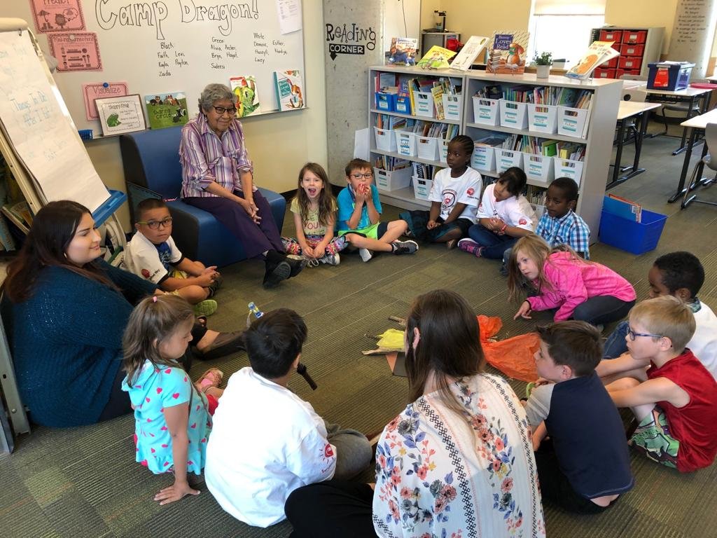 ArcolaDragons's tweet photo. At #CampDragon, our Kokum Val taught us about sharing circles and visited our "campfire" today. The energy in this room is amazing -- we are READERS! @UnitedWayRegina #SummerSuccess #ReadingBy3rd #AllThatKidsCanBe https://t.co/udpOFfH7Kv