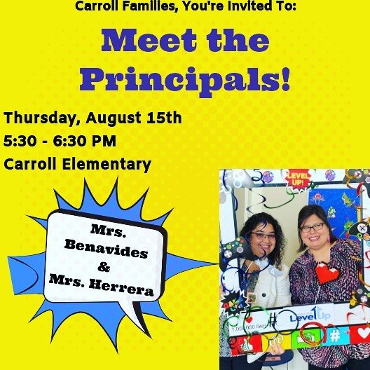 CarrollColts's tweet photo. Youโre invited to meet and greet our new principals, Mrs. Benavides and Mrs. Herrera, on Thursday, August 15th from 5:30 to 6:30 PM. We hope to see our Carroll families here! #cestem #sheldonisd #carrollcolts #cecolts https://t.co/5eoIPZuq5h
