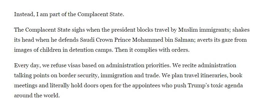ZhiZhuWeb's tweet image. "Every day, we ... literally hold doors open for the appointees who push Trump’s toxic agenda around the world."

#ComplacentState 
washingtonpost.com/opinions/i-can…