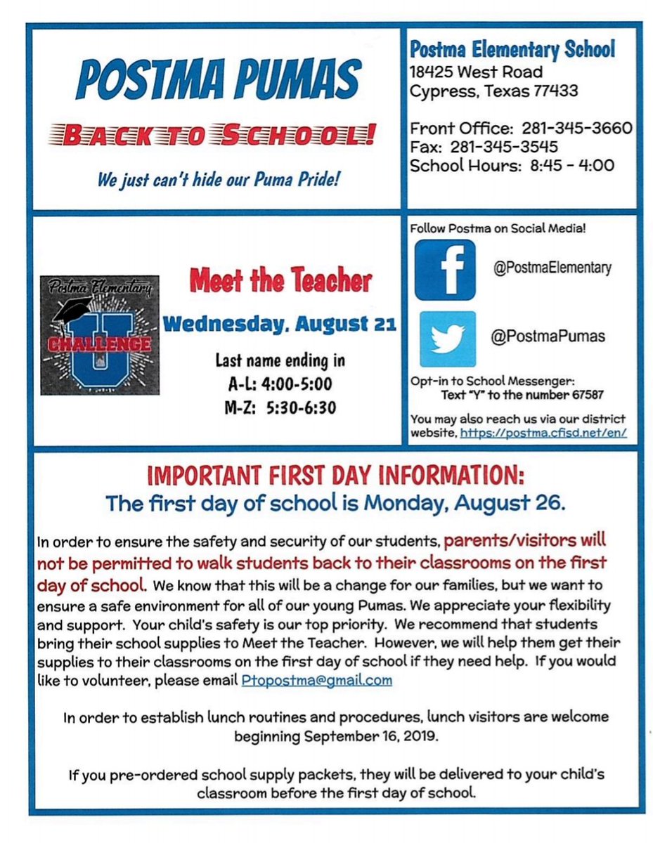 tpodlynn's tweet photo. Postma families â€đ,
Meet the Teacher is on Wednesday, August 21! We can't wait to meet our new students!
#CFISDspirit #ChallengeU #lynnslonghorns #pumapride #postmapumas @PostmaPumas https://t.co/PALYg7HUIV