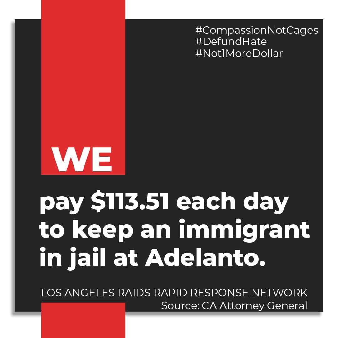 CHIRLA's tweet image. Jailing immigrants is expensive for all of us! GEO is profiting from separating families. 
There ARE alternatives to detention.
 #Not1MoreDollar #DefundHate #CompassionNotCages