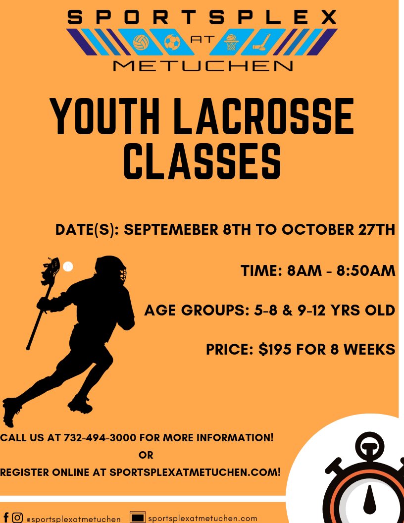 Good Afternoon Sportsplex Family!
As we move closer to the fall season, we are beginninng to set up more programs for the youth, this season we are proud to introduce Youth Lacrosse program! Starting on September 8th, we will be having a class every Sunday Morning for 8 weeks!