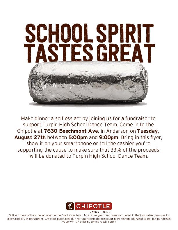 🌯CHIPOTLE LOVERS! Come support the Turpin Dance Team on Aug. 27 from 5-9PM @ the Chipotle on 7630 Beechmont Ave. Show this flyer with your purchase - hope to see everyone there! 🌮