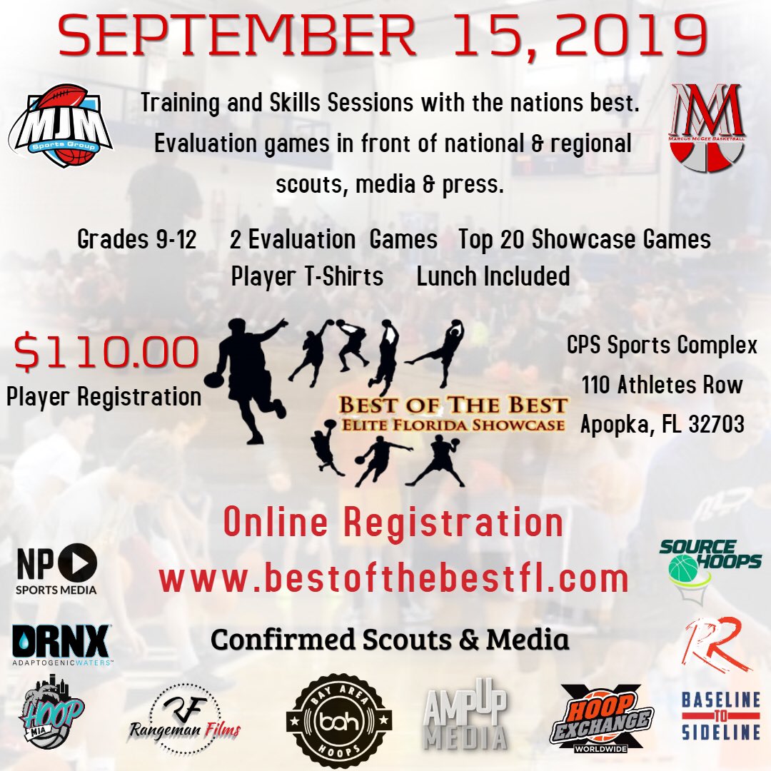 The 7th Annual Best of The Best Elite Florida Showcase. 
September 15, 2019

📍🏢 CPS Sportsplex, Orlando
🏀Grades 9 - 12
🏀Evaluation Games
🏀Top 20 Games
🏀Division II, III, &amp; NAIA coaches
✏️ Scouts
🎥 Media
🍴 Lunch included

#BOTBFL #BOTBFLALUMNI

bestofthebestfl.com