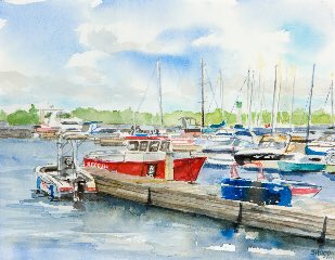 stewarthood5's tweet photo. Belleville Marina Rescue Boat. Watercolour, 14” x 11”, Plein Air Festival@ aboveground@liguitexforacrylic #paintyourtown #bellevillemarina https://t.co/DI6v59ZiQM