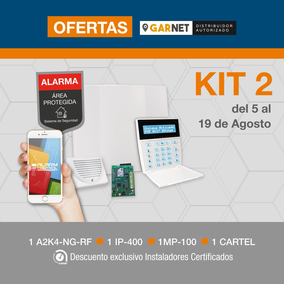 Del 5 al 19 de agosto, aprovechá los descuentos exclusivos en Kit de Alarma de #Garnet. 🙌

Kit Nº2:
• 1 A2K4-NG-RF
• 1 IP-400
• 1 MP-100
• 1 CARTEL

📩 Para más información, contactate directamente con nuestros asesores a ventas@radioset.com.ar.