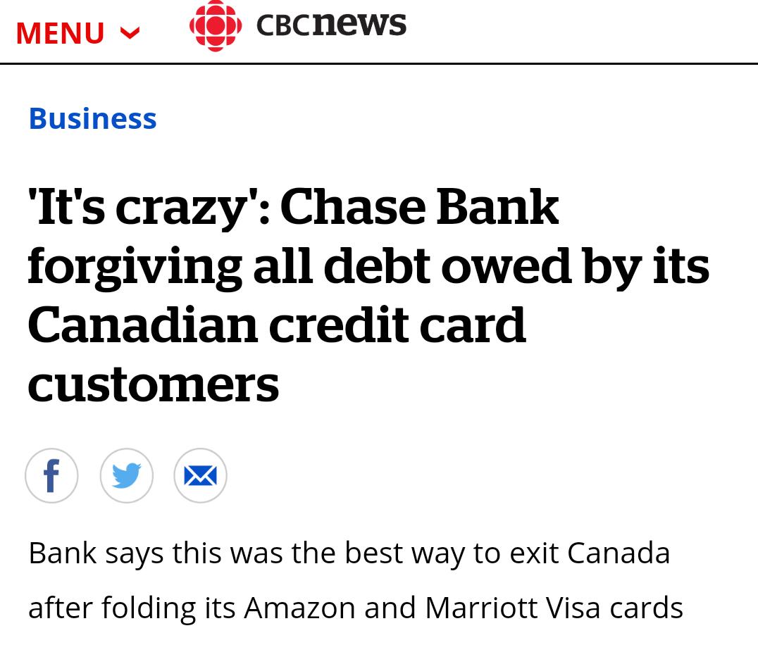 darienchaffart's tweet photo. Pretty cool of @Chase to forgive a bunch of Canadians Credit debt! Super impressed by a company that would be willing to lose out on some money in order to simplify other's lives

Src:
https://t.co/ftJr2c0Lw1 https://t.co/S6buUran9V
