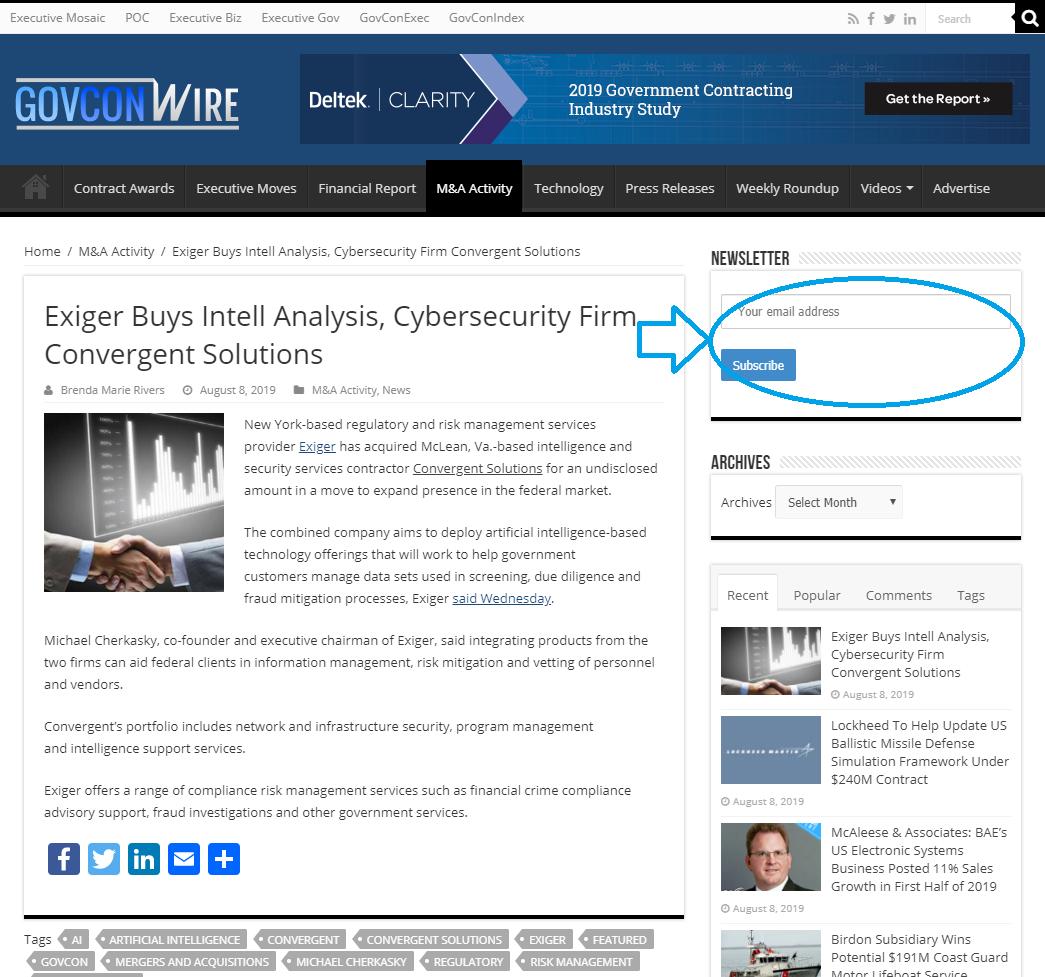 jimgarrettson's tweet photo. .@ExigerLLC Buys Intell Analysis, Cybersecurity Firm @ConvergentNews via https://t.co/OdSI0Rpi3Y
Don't forget to subscribe to @GovConWire's free daily email newsletter here!
#govcon #govconwire #exiger #convergentsolutions #mergersandacquisitions https://t.co/IjhofXXbIP