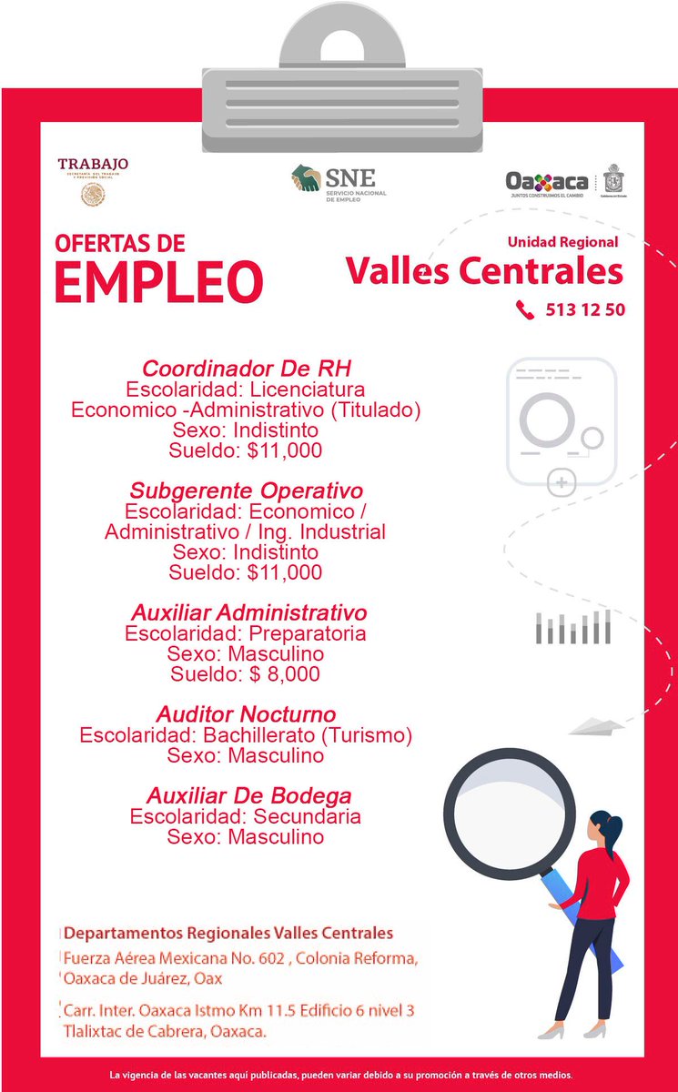 SNEOaxaca's tweet photo. Si estás en busca de un empleo formal, conoce las vacantes de hoy para la #RegiónVallesCentrales. 
Acércate con nosotros para ser atendido por un #ConsejerodeEmpleo. 
Datos de contacto en el cartel 👇.

#Empléate @Sec_EconomiaOax @GobOax https://t.co/uySQTBlkdq