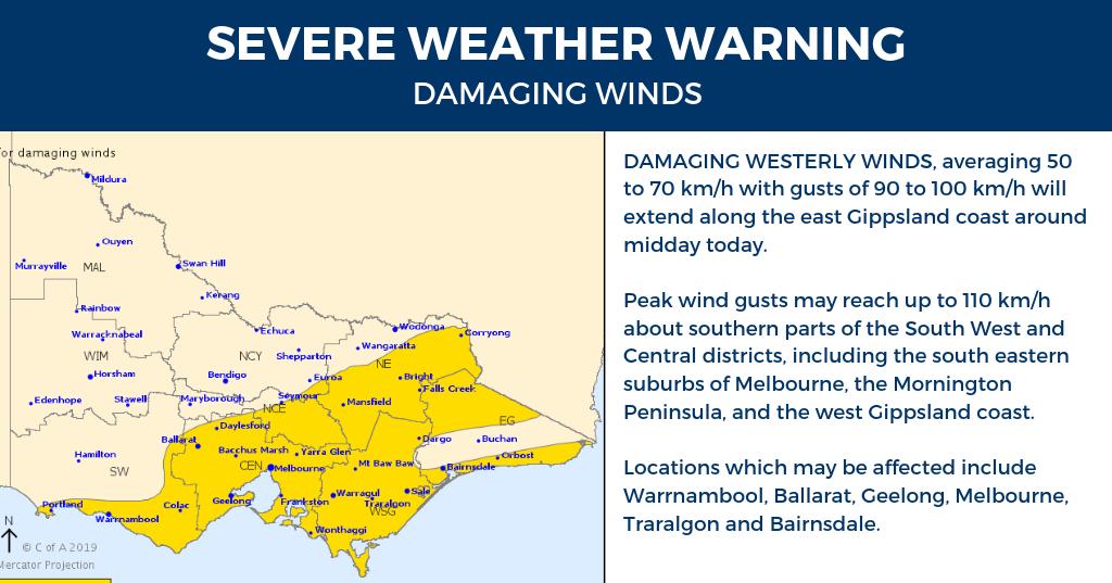 vicemergency's tweet image. The SEVERE WEATHER WARNING for DAMAGING WINDS has been updated. 
Strong and squally winds forecast to contract eastwards this morning. Locations which may be affected include Warrnambool, Ballarat, Geelong, Melbourne, Traralgon and Bairnsdale. bom.gov.au/products/IDV21… #vicstorms