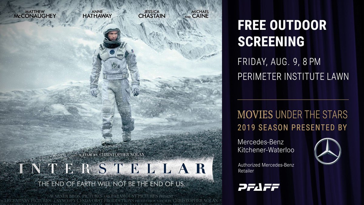 uptownwaterloo's tweet image. Don't miss Movies Under the Stars tomorrow night, Friday August 9 at @Perimeter featuring a free outdoor screening of Interstellar and a discussion with a real black hole specialist! @FoCheezyTruck and Sweet Temptations Cupcakery will also be there! 🙌😋💫📽️ #kwawesome