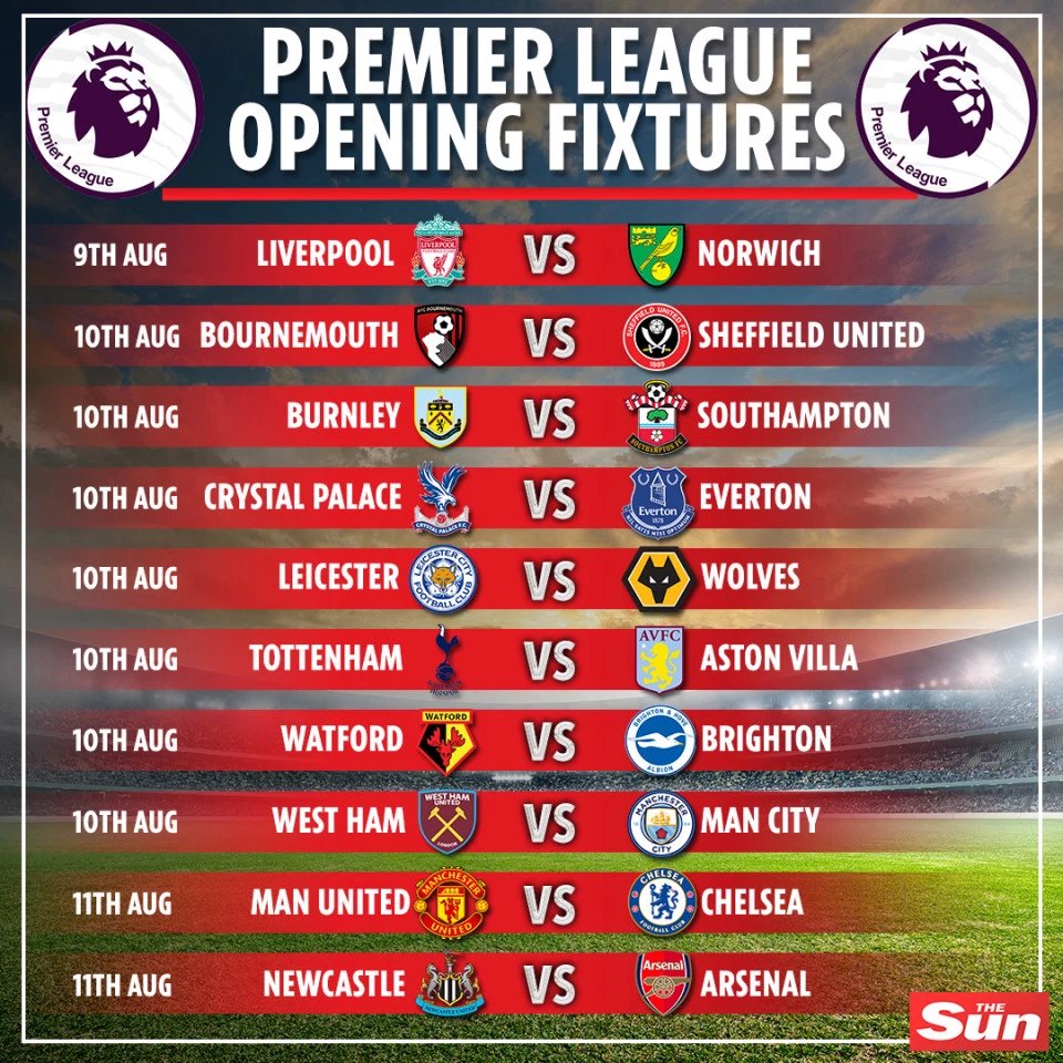 Fri, Aug 9, 2019 (Open at 12pm)
03:00pm: Liverpool vs Norwich
Sat, Aug 10, 2019 (Open at 7:30am)
07:30am: West Ham vs Man City
10:00am: AFCB vs vs Sheffield
10:00am: Viewers Choice on 2 TV's
12:30pm: Tottenham vs Villa
Sun, Aug 11, 2019 (Open at 11am)
11:30am: Man Utd vs Chelsea