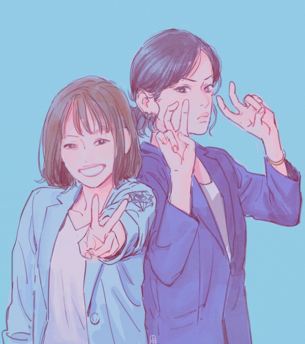 multiple girls 2girls v brown hair jacket smile blue background  illustration images