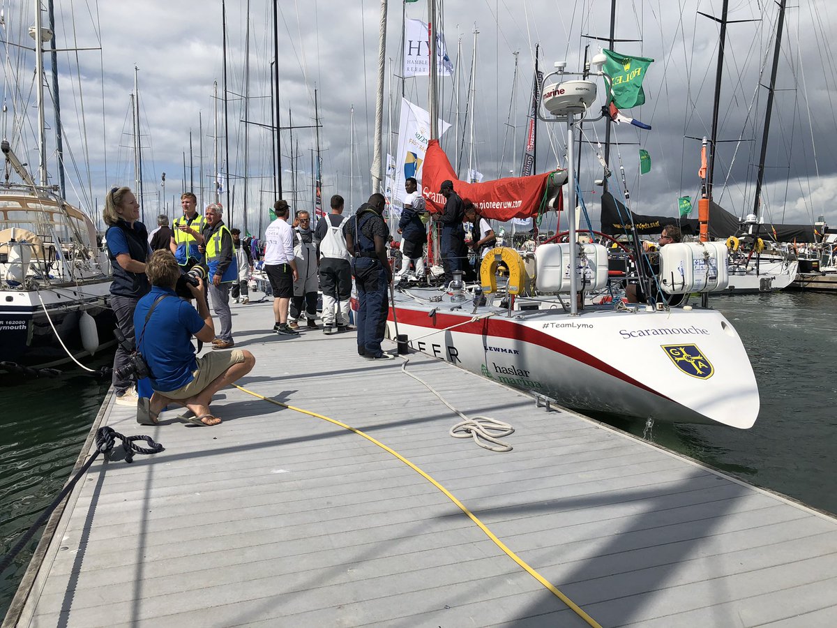 boxpr_lou's tweet photo. A very busy 24 hours at @plymyachthaven with the crew of @GCASailingClub Scaramouche. A wonderful crew who handled the @RORCRacing #RolexFastnetRace interviews really well following 4 big days at sea. #ProjectScaramouche https://t.co/HqhEgyTggy