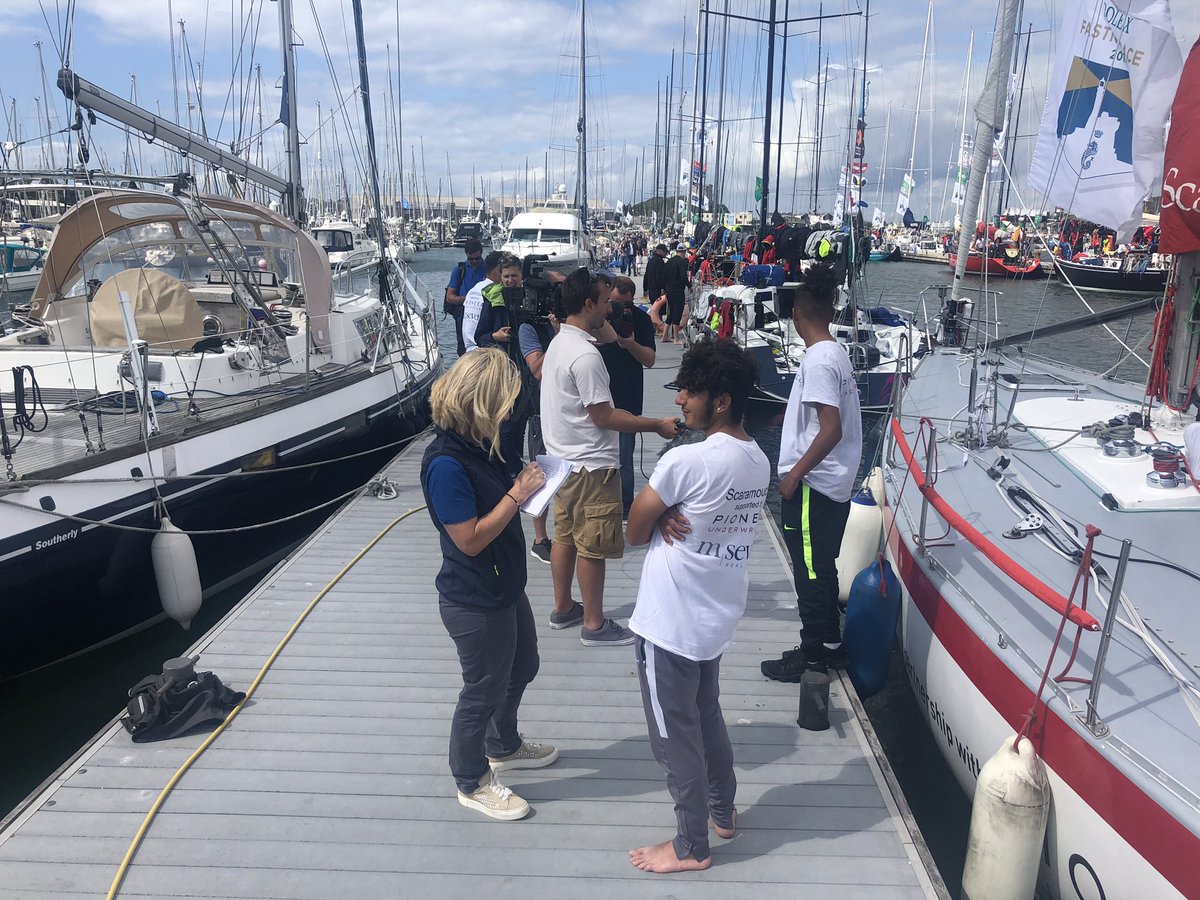 boxpr_lou's tweet photo. A very busy 24 hours at @plymyachthaven with the crew of @GCASailingClub Scaramouche. A wonderful crew who handled the @RORCRacing #RolexFastnetRace interviews really well following 4 big days at sea. #ProjectScaramouche https://t.co/HqhEgyTggy