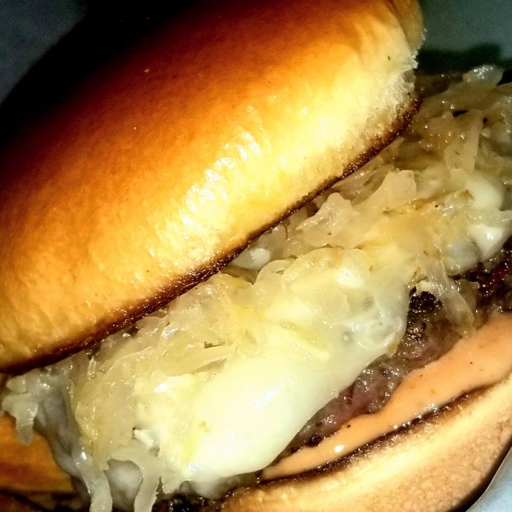 GoodstuffSmoke1's tweet photo. It's "Thing Thursday" at Goodstuff Smokehouse. That means we're making any damn "thing" we want.  This week we got a Bruben. It's a 50/50 pastrami and ground beef burger topped with Russian dressing, Swiss cheese, and sauerkraut served on a toasted brioche roll.  Dine in our take https://t.co/0yDzZuveM8