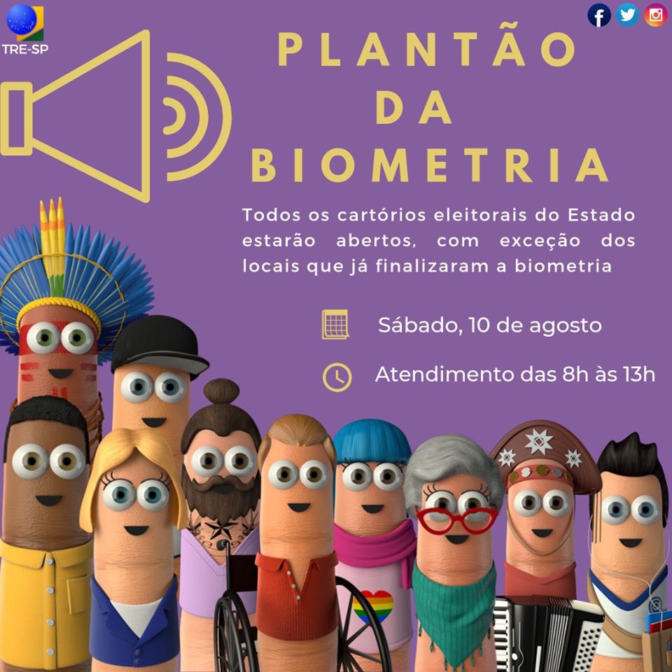 jeff_jfns's tweet photo. Nesse sábado dia 10 acontece o “plantão da biometria” em todos os cartórios eleitorais do Estado de São Paulo.  

O horário é das 8h às 13h - exceto nos locais onde o procedimento já foi concluído

Não fique de fora se você ainda não cadastrou, faça seu agendamento. https://t.co/iz3Jmz1xdd