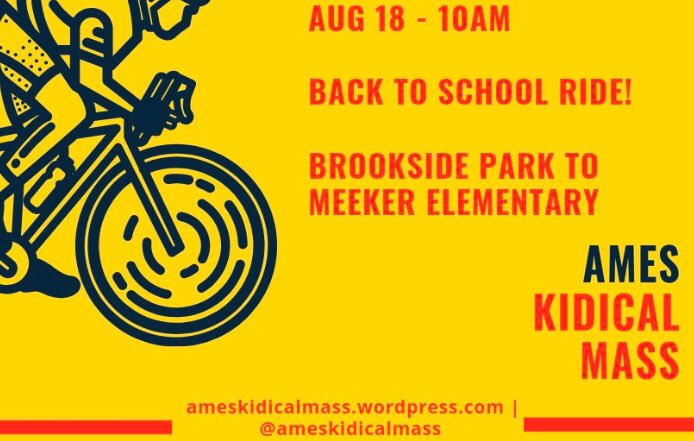 AmesKidicalMass's tweet photo. Our back to school ride is ten days away! Join us for a kid-friendly bike ride from Brookside Park to the Meeker Elementary playground on Sun. Aug 18th! Free event, all are welcome! @cityofames @AmesBicycles https://t.co/Exr0ZXMib0