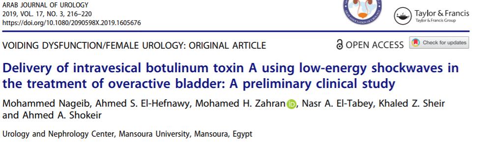 Intravesical instillation of botulinum toxin A and low-energy shockwaves in pts with refractory OAB is safe and effective for 2 mons.The effect is not durable due to the inadequacy of the dose of botulinum and/or non-optimised  shockwave technique.
tandfonline.com/doi/full/10.10…