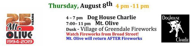 GreendaleLions's tweet photo. #GreendaleWI Village Days 2019
***TONIGHT***
Thursday, August 8, 4pm-11pm
4-7pm DOG HOUSE CHARLIE
7:00-11, MT. OLIVE
Dusk, Village of Greendale Fireworks Watch Fireworks from Broad Street!
Mt. Olive will return AFTER Fireworks 
Details> https://t.co/RiaFgeKDAB https://t.co/hFYaB5QCYV