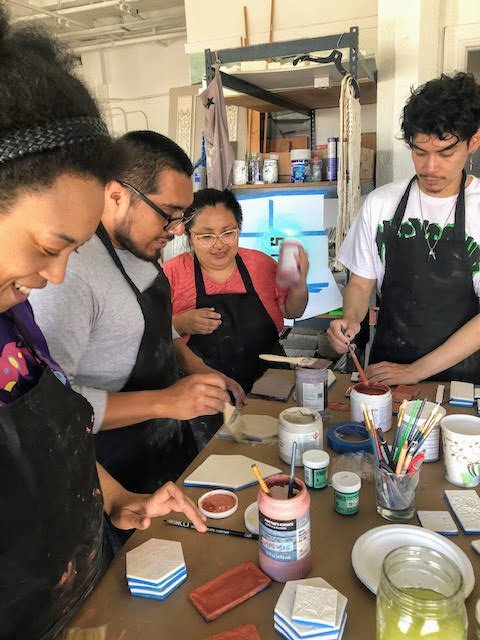 ArtDivisionLA's tweet image. For the past 5 Mondays, AD students have been creating tiles at Andre Keller's studio in DTLA. They have practiced everything from slab rolling, cut out &amp;amp; design to glazing, setting &amp;amp; grouting. We would like to thank Andrea for leading these workshops! #artdivisionla #tilemaking