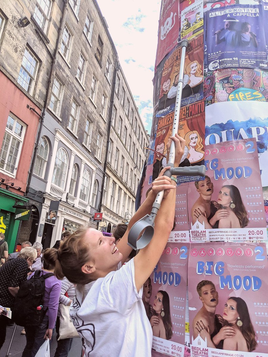 Only 5 ft 8? Desperate for your show's poster to be seen? Try a crutch! We are prepared to use ALL methods, conventional or otherwise, to spread the word and promote our wonderful panto!! With thanks, of course, to the generosity of passers-by. Oh to be at #EdFringe.