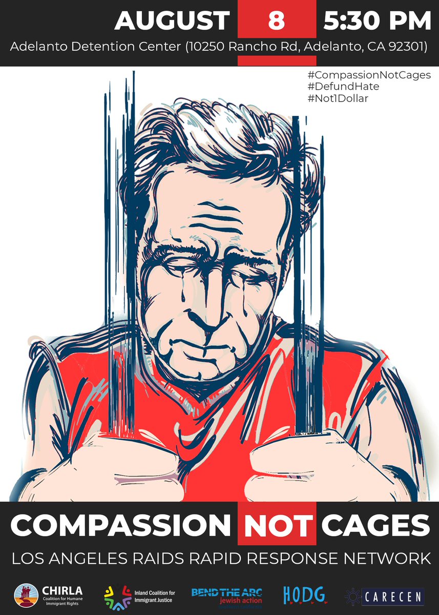 CHIRLA's tweet image. Happening TODAY, hundreds will gather at the Adelanto Detention Center to protest the inhumane, prison-like conditions detainees are facing at this facility. 

#CompassionNotCages #Not1Dollar #DefundHate