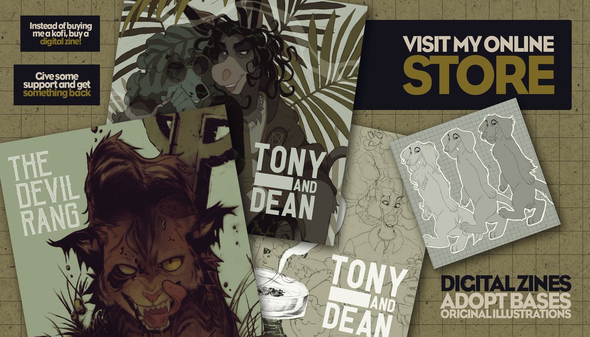 i recently opened a new online store, where i can now sell digital products in addition to my originals, which also get a free sticker!
ALL of my old out of print zines are now available as digital pdfs, and The Devil Rang is now in full color?
https://t.co/ovX9ZYckdT