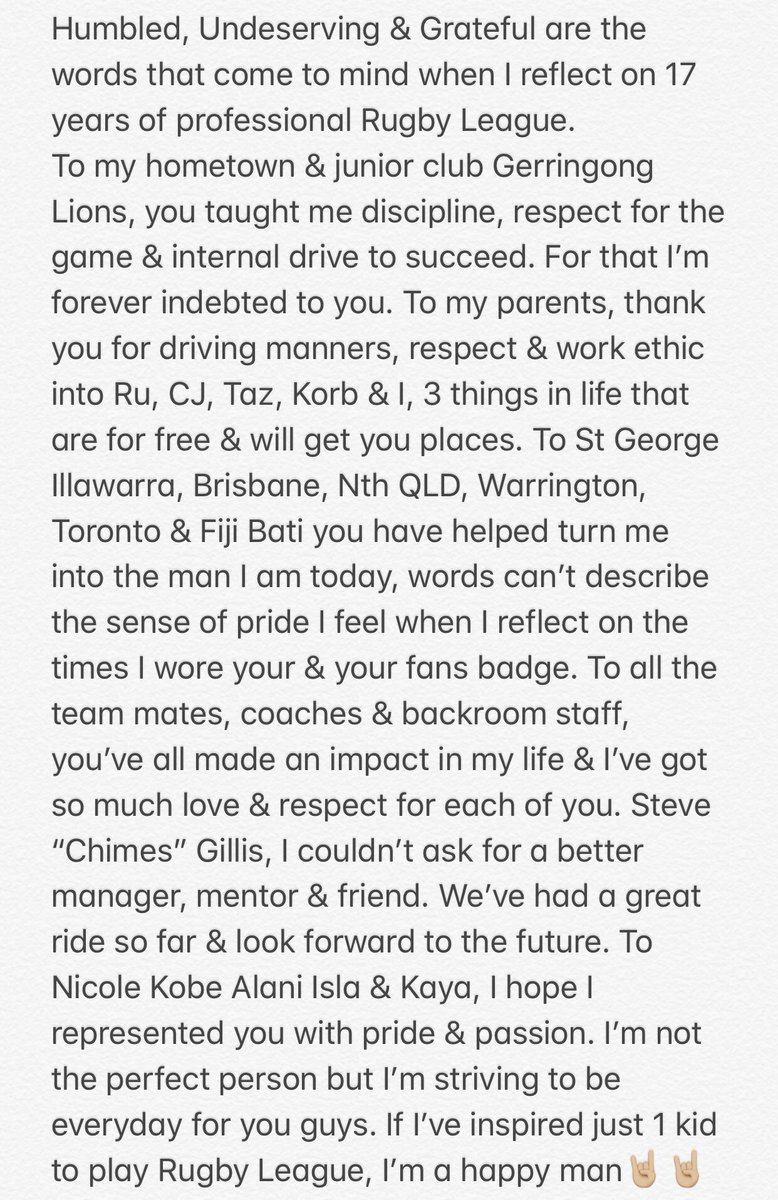 It’s been real. 
It’s been emotional. 
I’ve had highs & lows. 
But my dreams have been exceeded. 
I’ll be forever indebted to the sport. 
#RugbyLeague #SportChangesLives