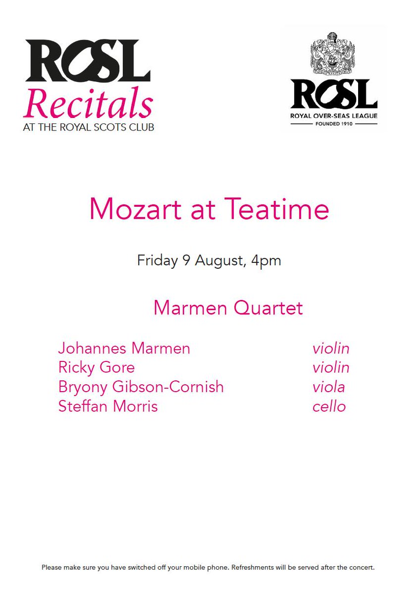 ROSLARTS's tweet photo. We are anticipating that Friday feeling with 3 more @edfringe concerts. #MakeYourFringe with #BachforBreakfast at 9:30am, #ChopinafterLunch at 2pm & #MozartatTeatime at 4pm with @SimonLepper @JenniferWitton @AshleyFripp & the @MarmenQuartet closing our 1st week of #ROSLRecitals https://t.co/GvZIzzoCiC