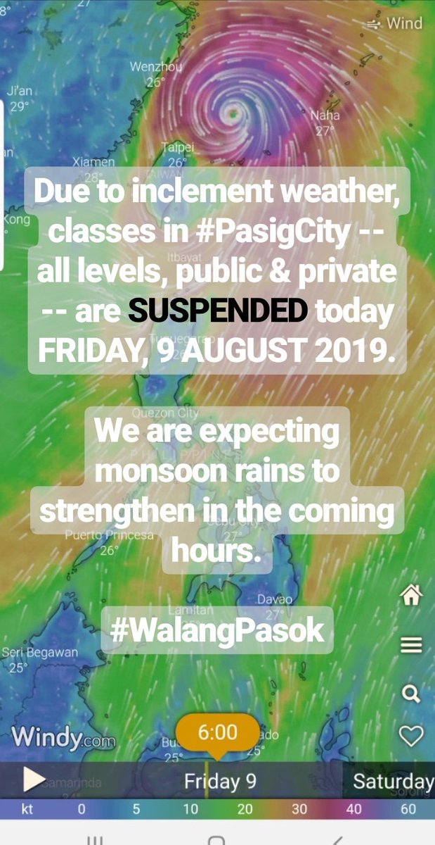 VicoSotto's tweet photo. Due to inclement weather, classes in #PasigCity --
all levels, public &amp; private -- are SUSPENDED today FRIDAY, 9 AUGUST 2019.

We are expecting monsoon rains to affect Metro Manila in the coming hours, as per DOST PAGASA.

#WalangPasok https://t.co/VYk8qzaoaJ